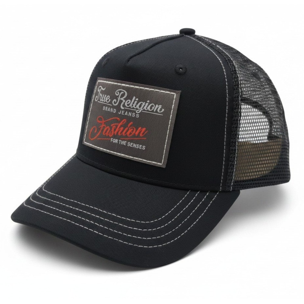 True Religion True Patch Trucker Hat Jet Black Mesh Snapback Cap TR4232 NEW